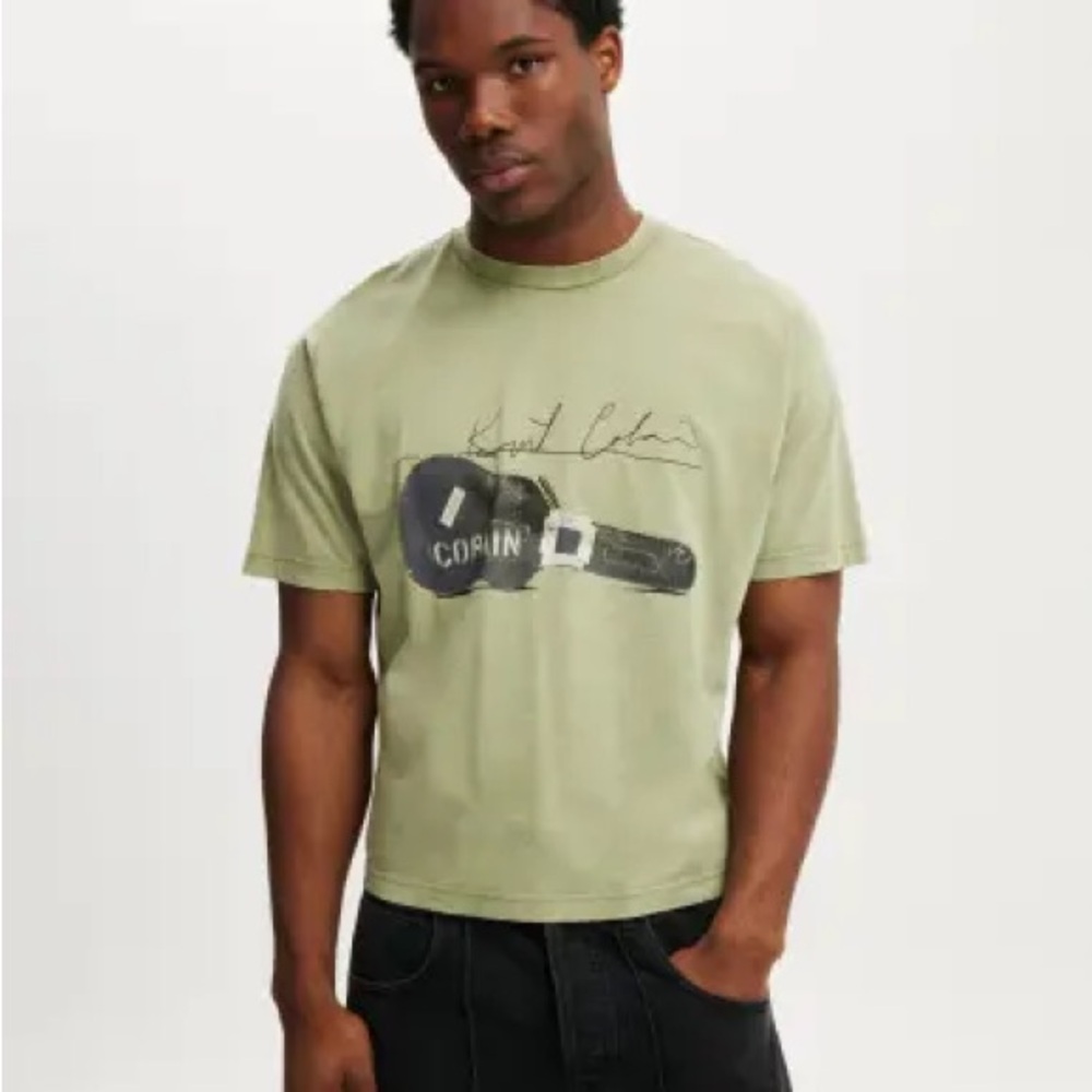 Kurt Cobain Olive Graphic Tee for Men Cropped